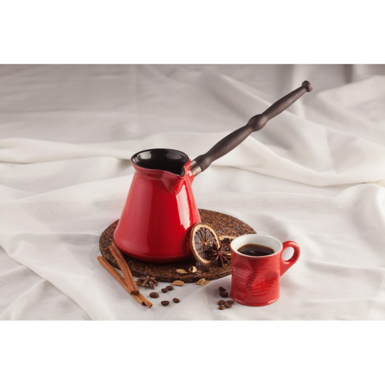 Keramikas kafijas turka katliņš, turku kafijai cezva, ibrik, kafijas kanniņa "Classic" ar noņemamu koka rokturi, tilpums 200 ml, sarkanā krāsa