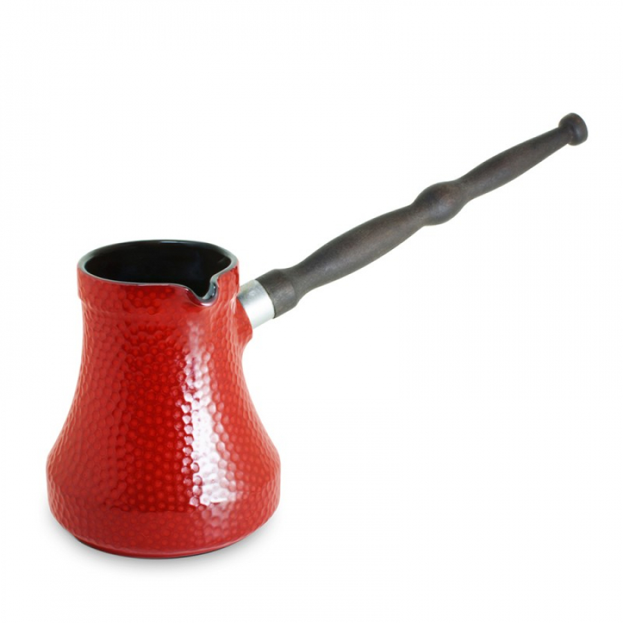 Keramikas kafijas turka katliņš, turku kafijai cezva, ibrik, kafijas kanniņa "Hammered" ar noņemamu koka rokturi, tilpums 350 ml, sarkanā krāsa