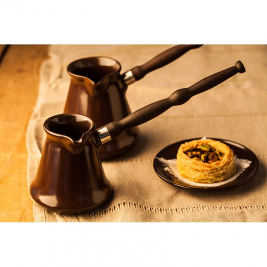 Керамическая кофейная турка, джезва, ибрик «Классик» со съёмной деревянной ручкой, объем 200 мл, шоколадный цвет